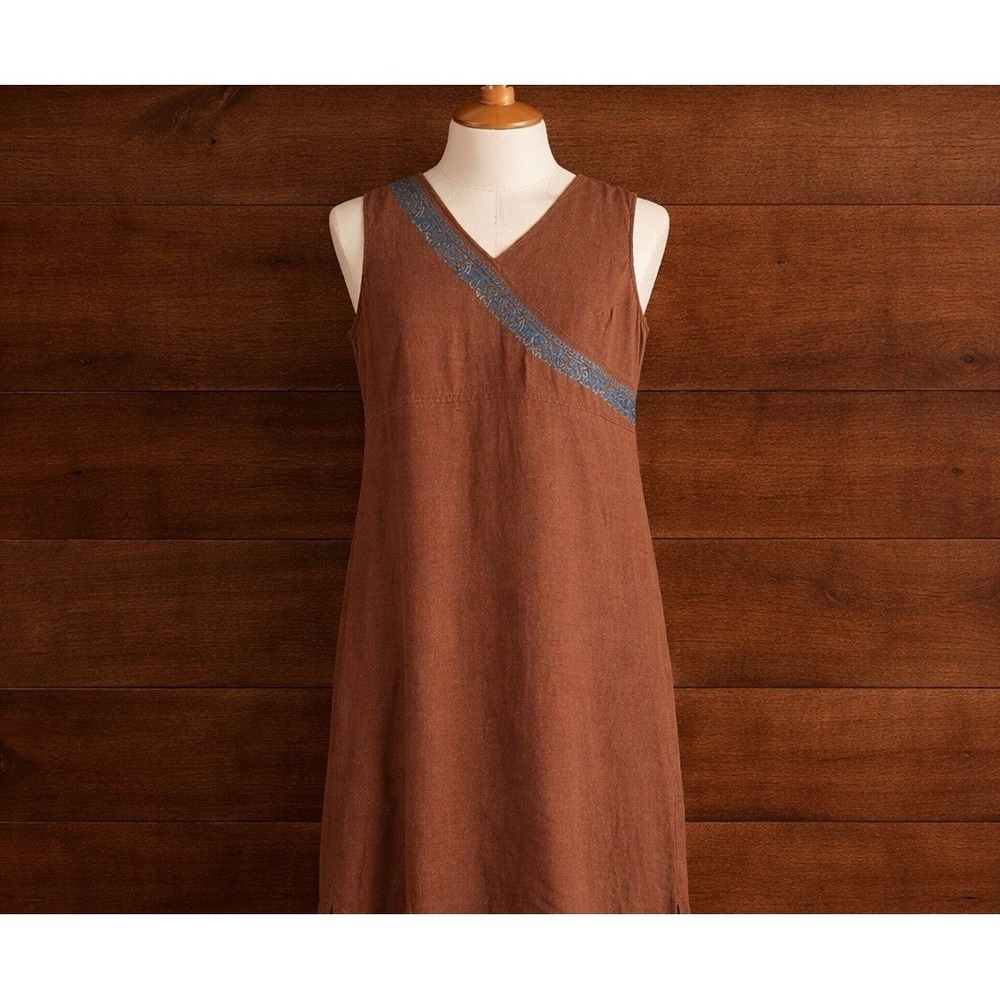 Vintage 90s LOng Linen Blend Dress L Sleeveless Brown Embroidered Lagenlook Boho